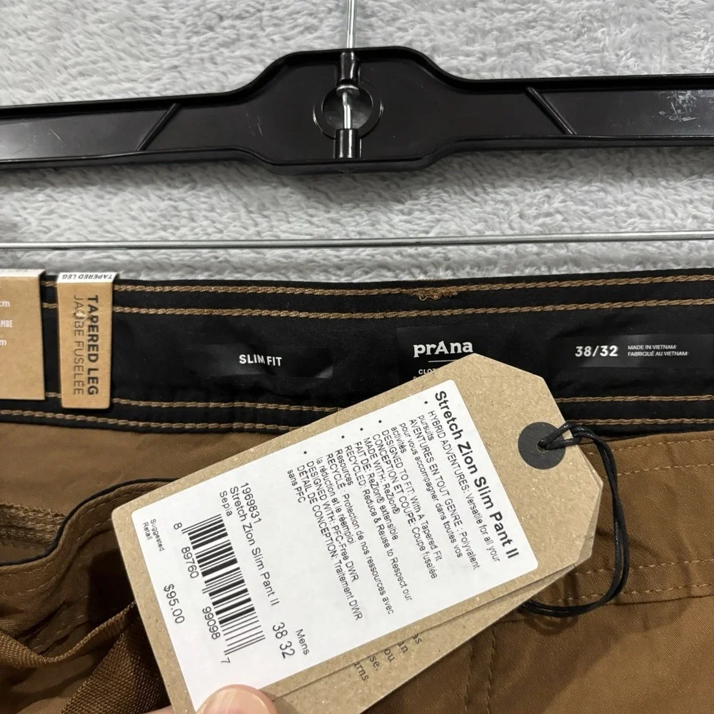 Prana Zion Slim Pants II Men's 38x32 Slim Fit Tapered Leg Stretch Outdoor Brown
